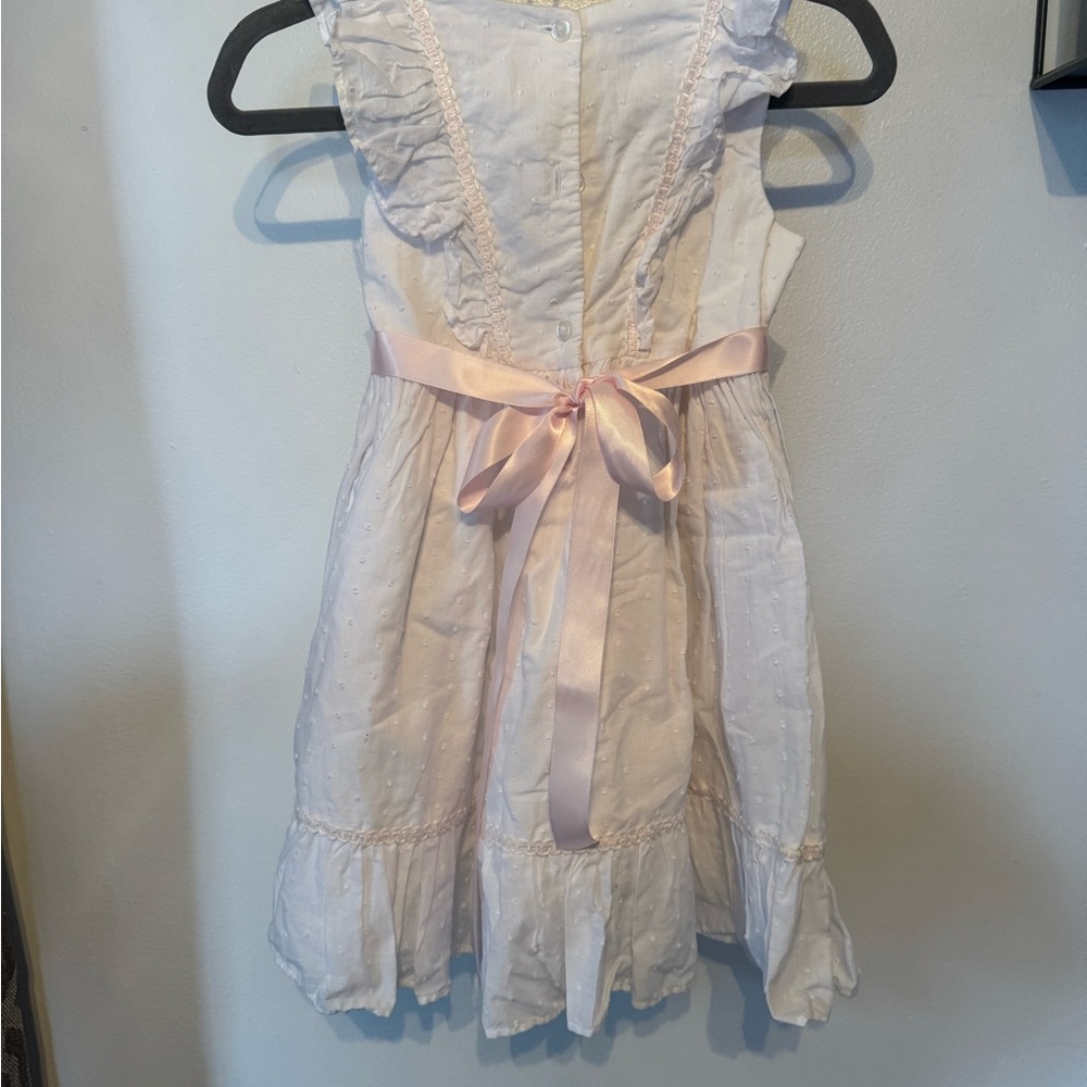 Girls' White Ruffled Dress with Pink Accents